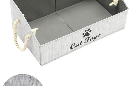 Large Cat Toys Storage Bins - Foldable Fabric Trapezoid Organizer Boxes with Weave Rope Handle, Collapsible Basket for Shelves,Cat Toys,Cat Apparel & Accessories(Gray-Cat)