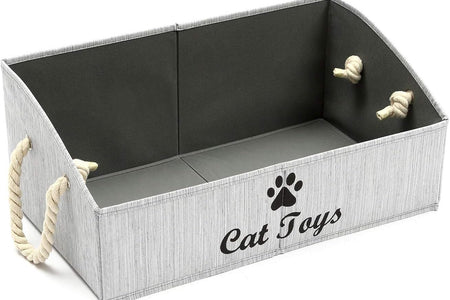 Large Cat Toys Storage Bins - Foldable Fabric Trapezoid Organizer Boxes with Weave Rope Handle, Collapsible Basket for Shelves,Cat Toys,Cat Apparel & Accessories(Gray-Cat)
